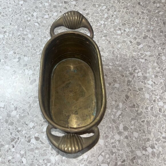 Small Brass Oval Planter Seashell Accent Handles Beautiful Patina 3” Tall Vtg - Picture 7 of 14